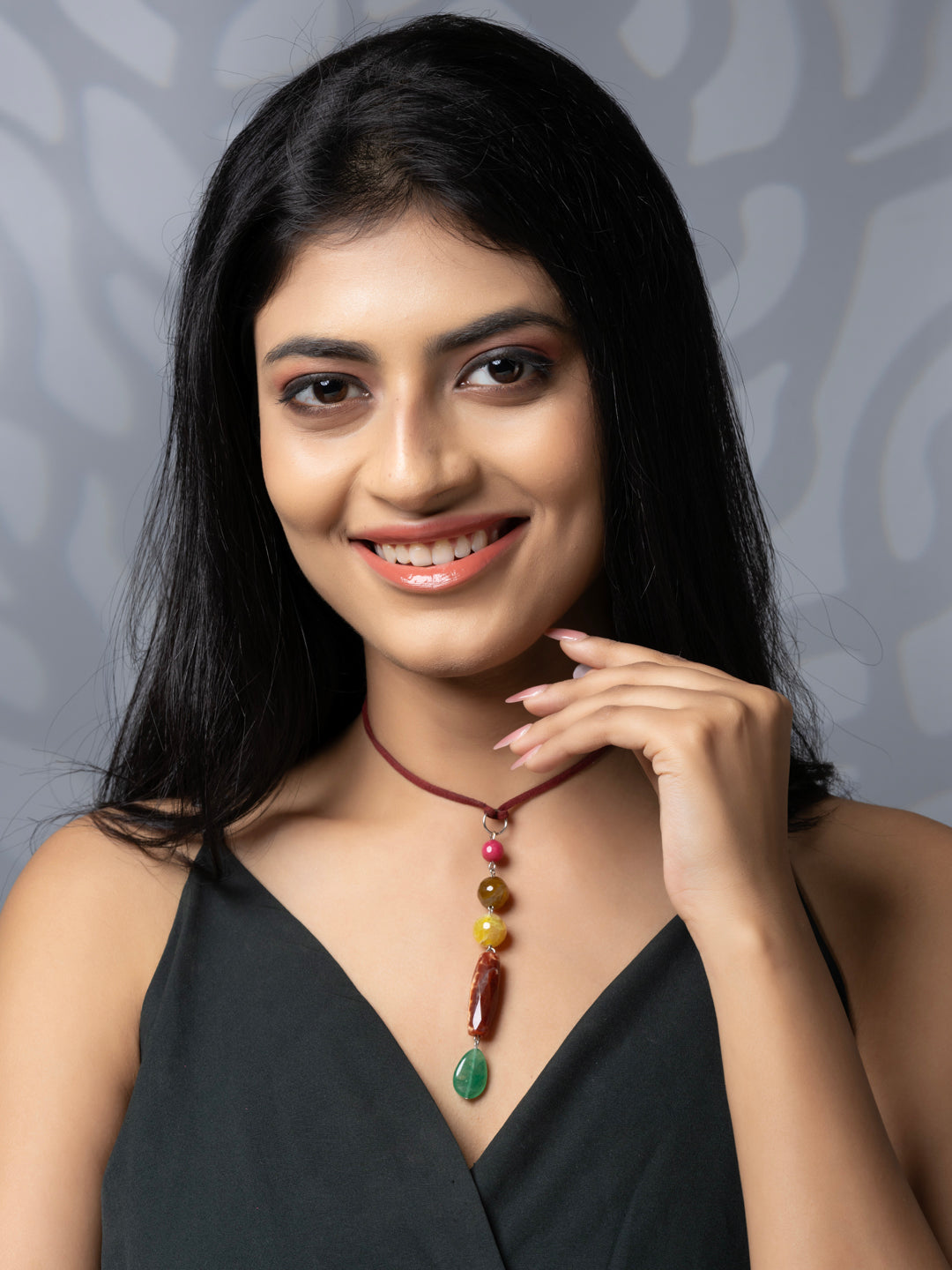 Semi Precious Pink Brown Yellow Green Onyx Agate Sleek necklace with adjustable Suede Cord LOOK AND ADORN - designed for you