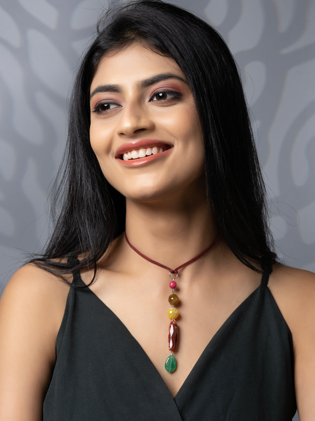 Semi Precious Pink Brown Yellow Green Onyx Agate Sleek necklace with adjustable Suede Cord LOOK AND ADORN - designed for you