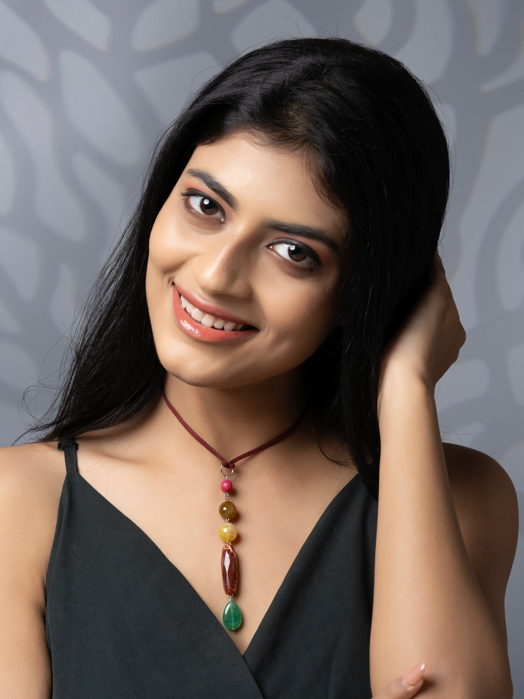 Semi Precious Pink Brown Yellow Green Onyx Agate Sleek necklace with adjustable Suede Cord LOOK AND ADORN - designed for you