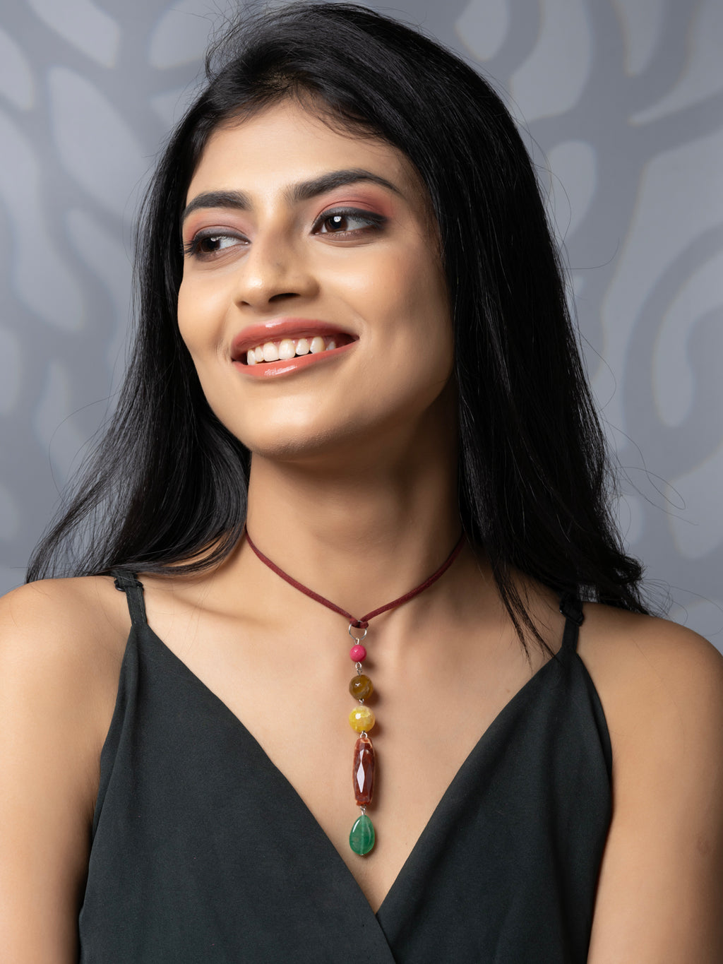 Semi Precious Pink Brown Yellow Green Onyx Agate Sleek necklace with adjustable Suede Cord LOOK AND ADORN - designed for you