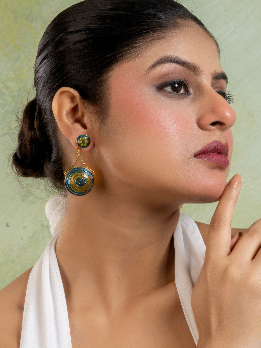 Green Turquoise Blue Golden Circular Floral Meenakari Stud Enamel Earring