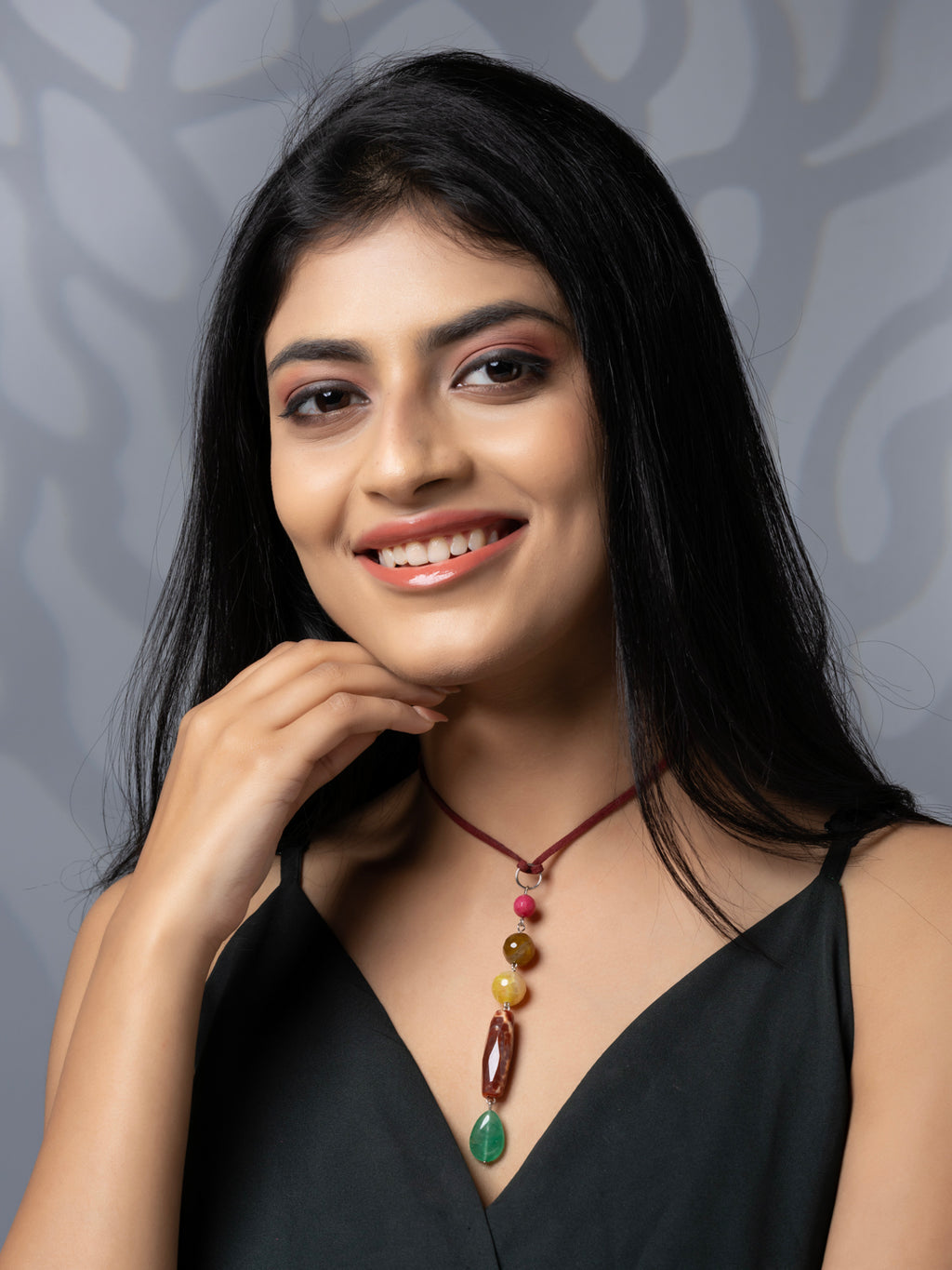 Semi Precious Pink Brown Yellow Green Onyx Agate Sleek necklace with adjustable Suede Cord LOOK AND ADORN - designed for you