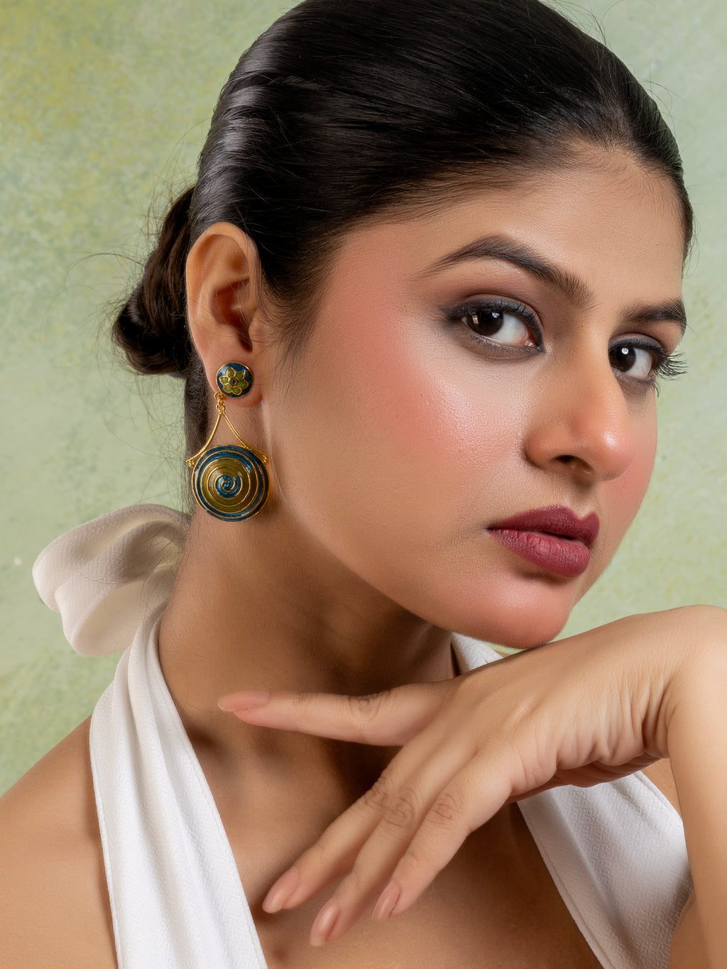 Green Turquoise Blue Golden Circular Floral Meenakari Stud Enamel Earring