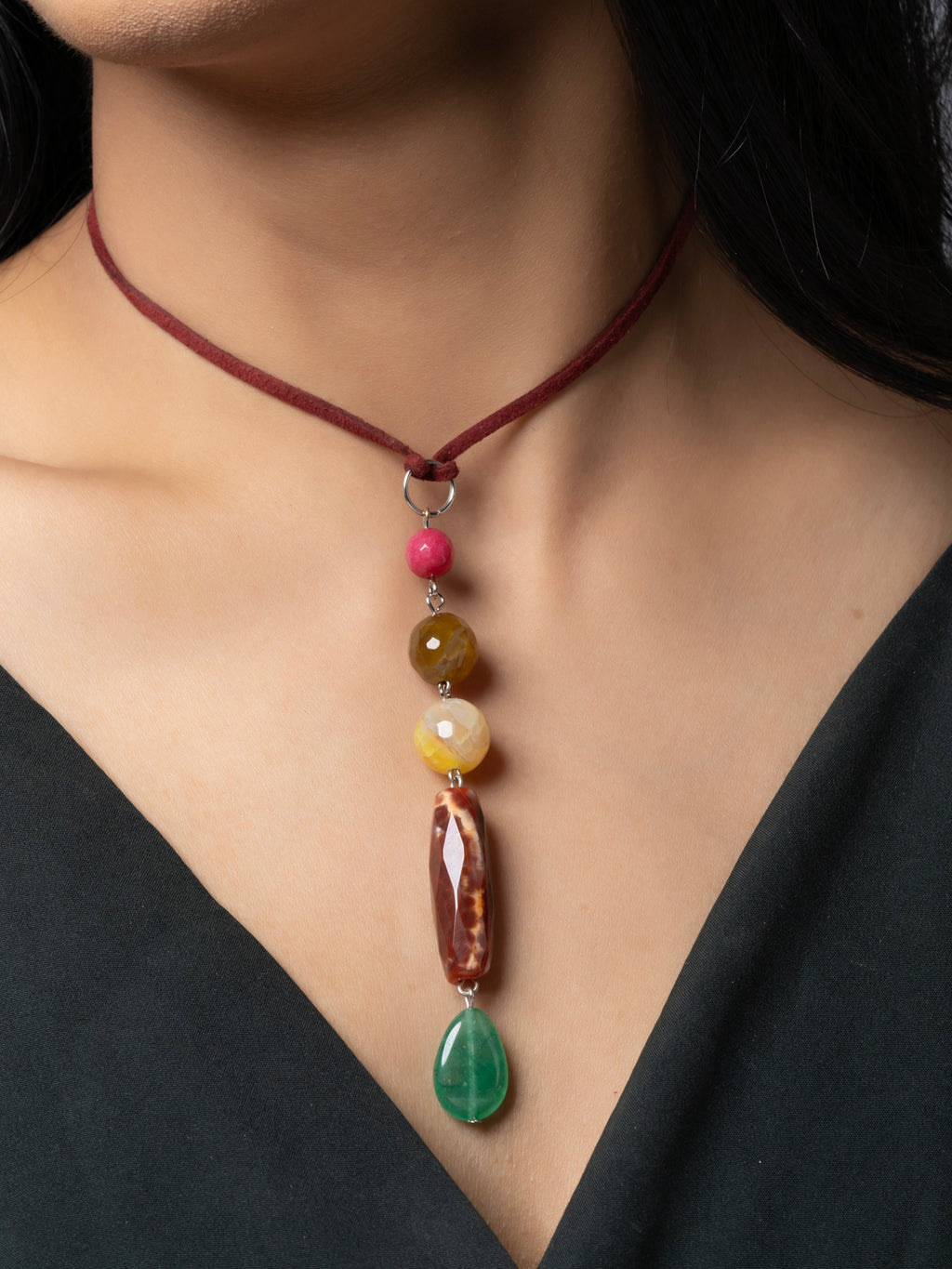 Semi Precious Pink Brown Yellow Green Onyx Agate Sleek necklace with adjustable Suede Cord LOOK AND ADORN - designed for you