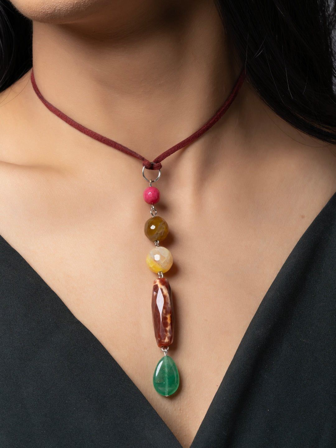 Semi Precious Pink Brown Yellow Green Onyx Agate Sleek necklace with adjustable Suede Cord LOOK AND ADORN - designed for you