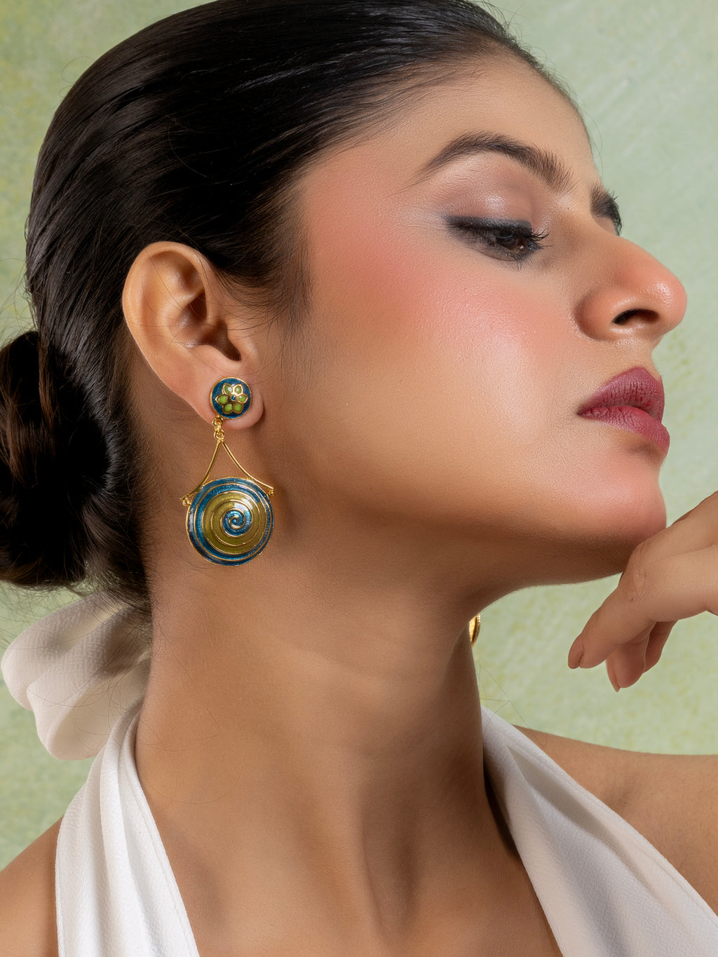 Green Turquoise Blue Golden Circular Floral Meenakari Stud Enamel Earring
