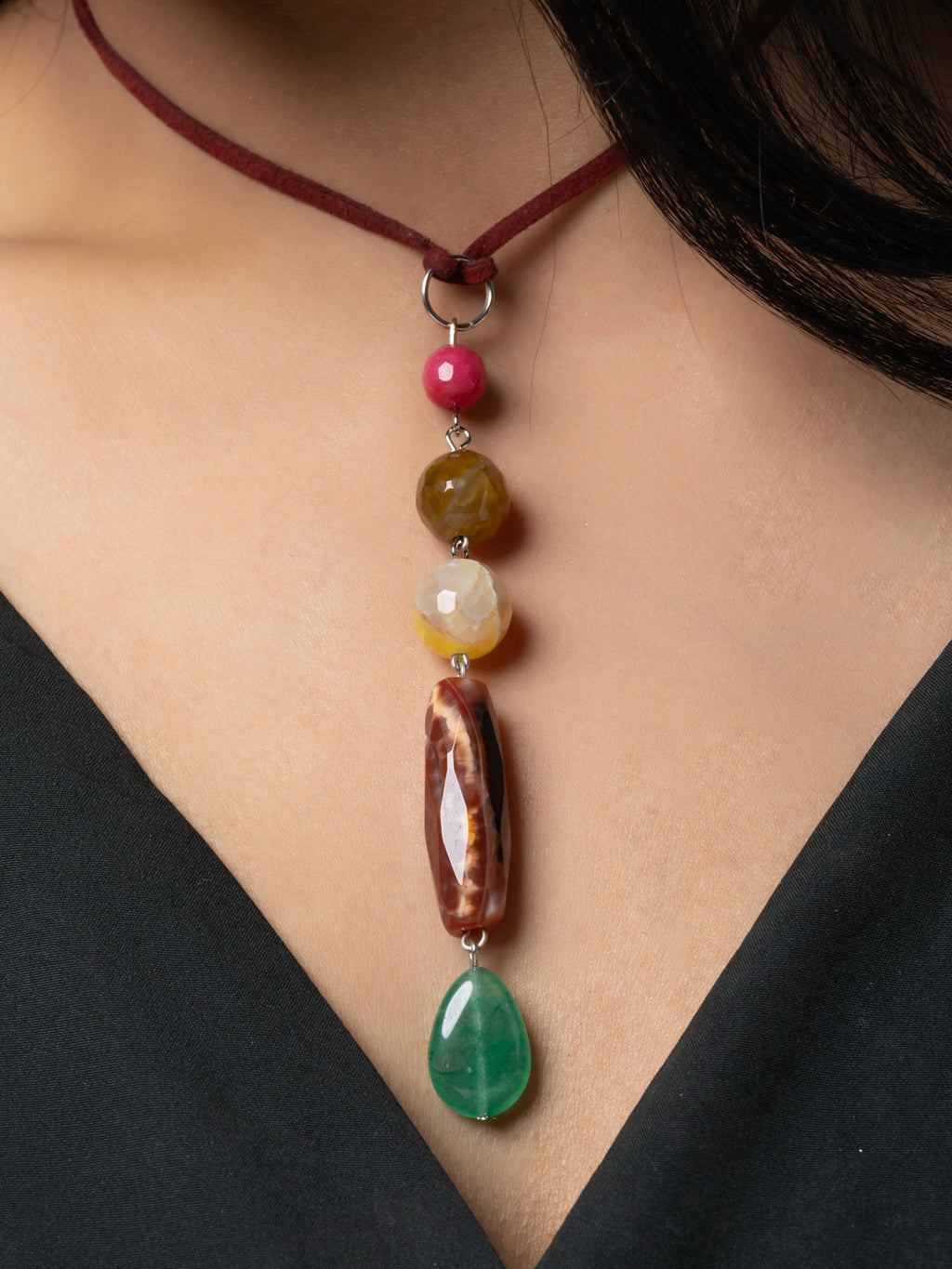 Semi Precious Pink Brown Yellow Green Onyx Agate Sleek necklace with adjustable Suede Cord LOOK AND ADORN - designed for you