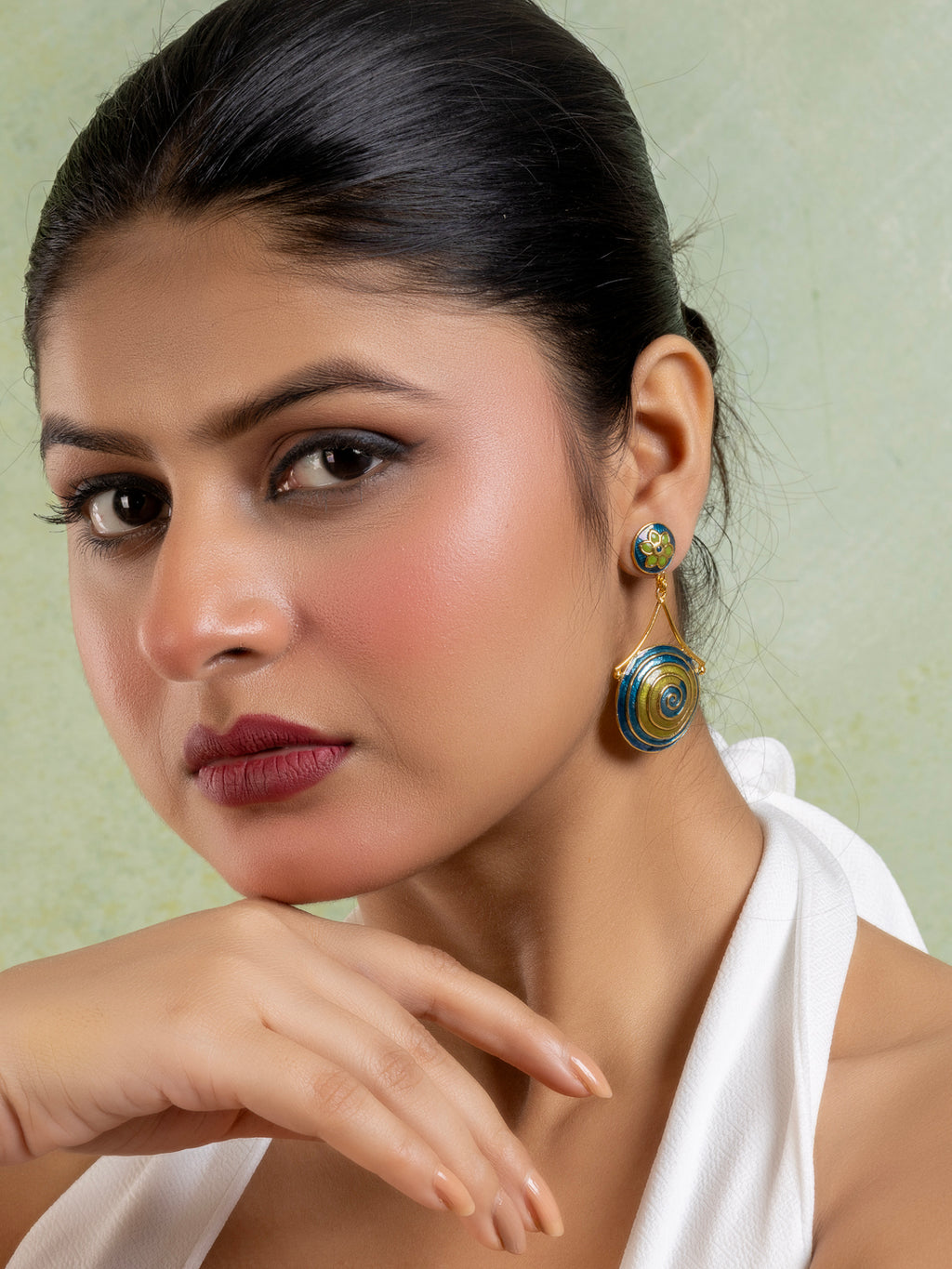 Green Turquoise Blue Golden Circular Floral Meenakari Stud Enamel Earring