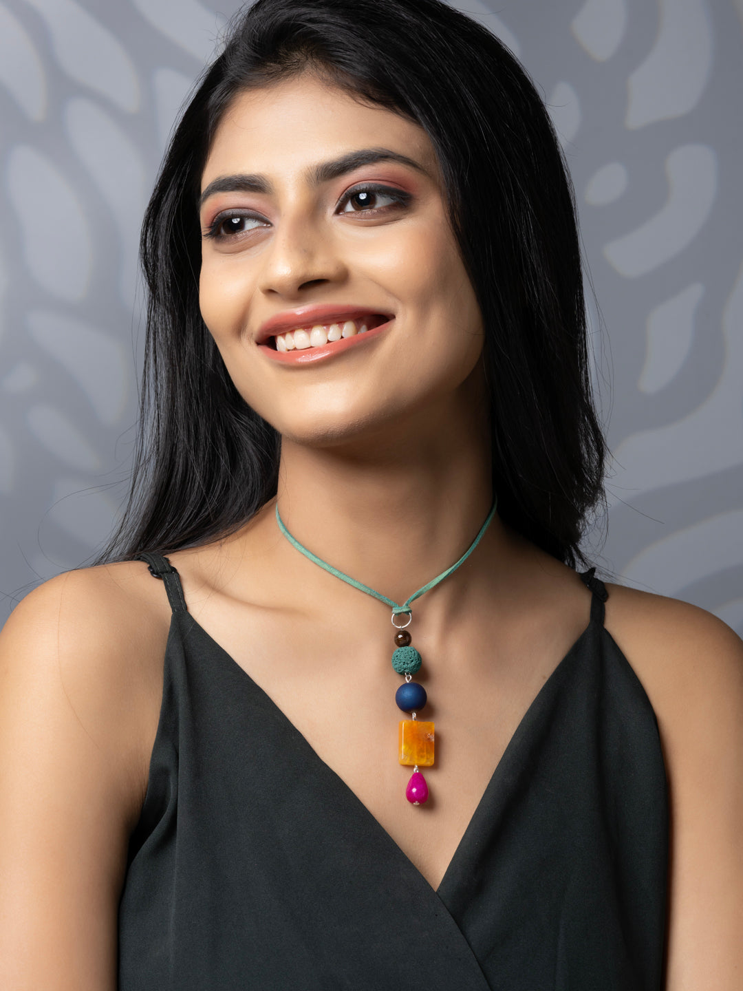 Semi Precious Blue Pink Orange Green Onyx Lava Druzy Agate Sleek necklace with adjustable Suede Cord LOOK AND ADORN - designed for you