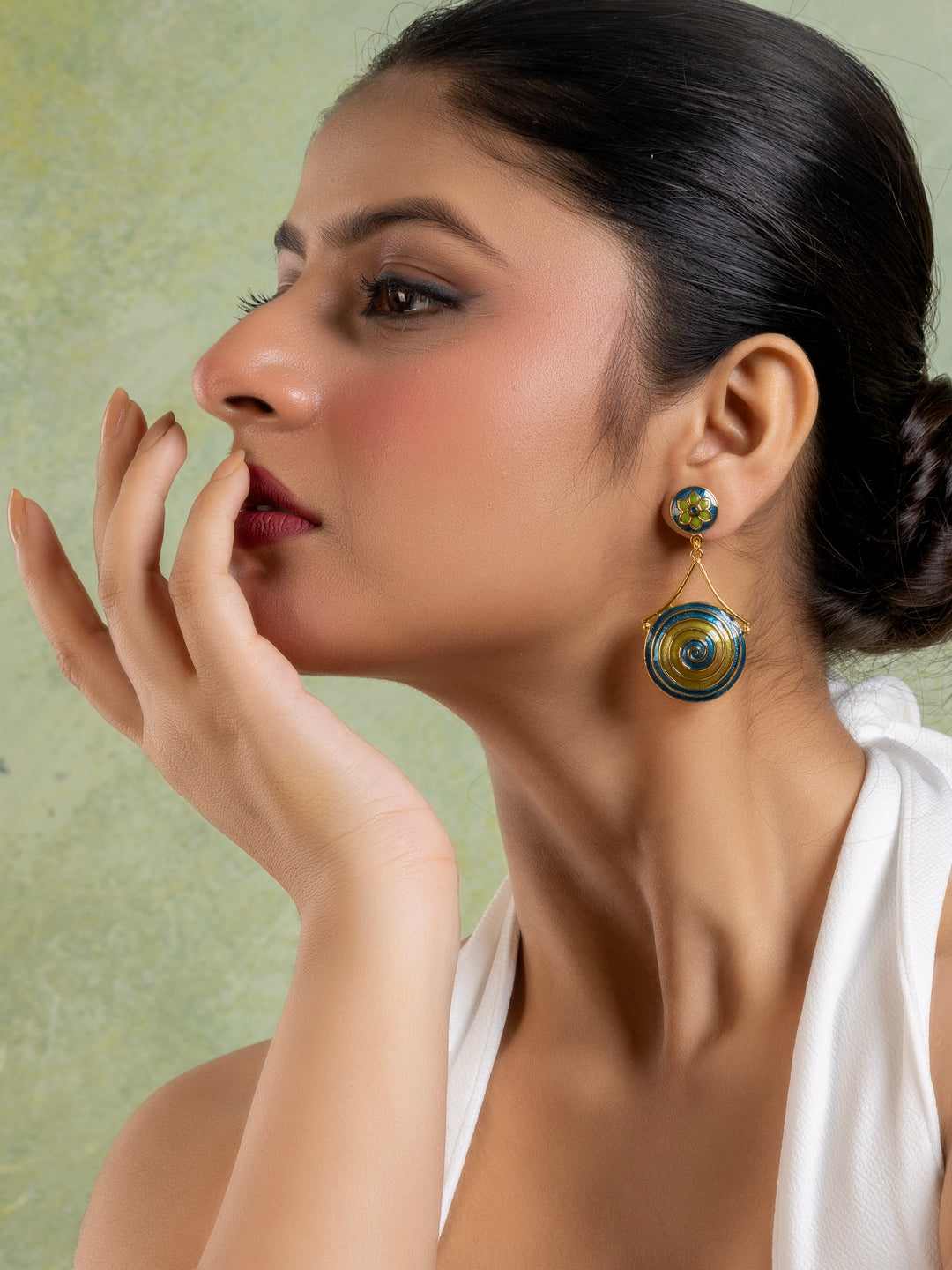Green Turquoise Blue Golden Circular Floral Meenakari Stud Enamel Earring