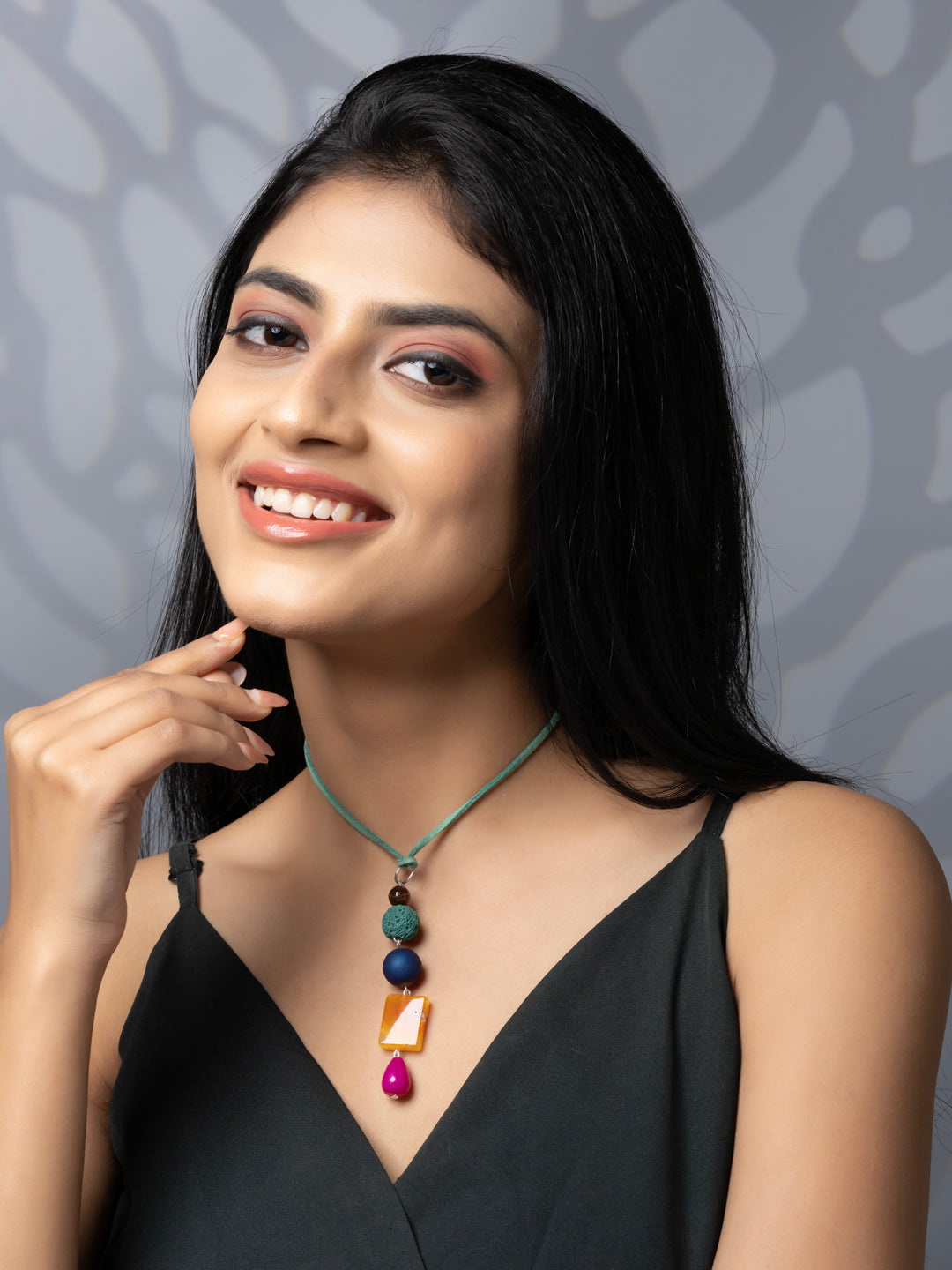Semi Precious Blue Pink Orange Green Onyx Lava Druzy Agate Sleek necklace with adjustable Suede Cord LOOK AND ADORN - designed for you