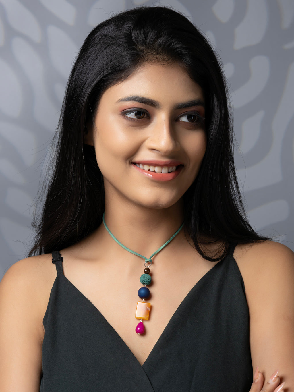 Semi Precious Blue Pink Orange Green Onyx Lava Druzy Agate Sleek necklace with adjustable Suede Cord LOOK AND ADORN - designed for you