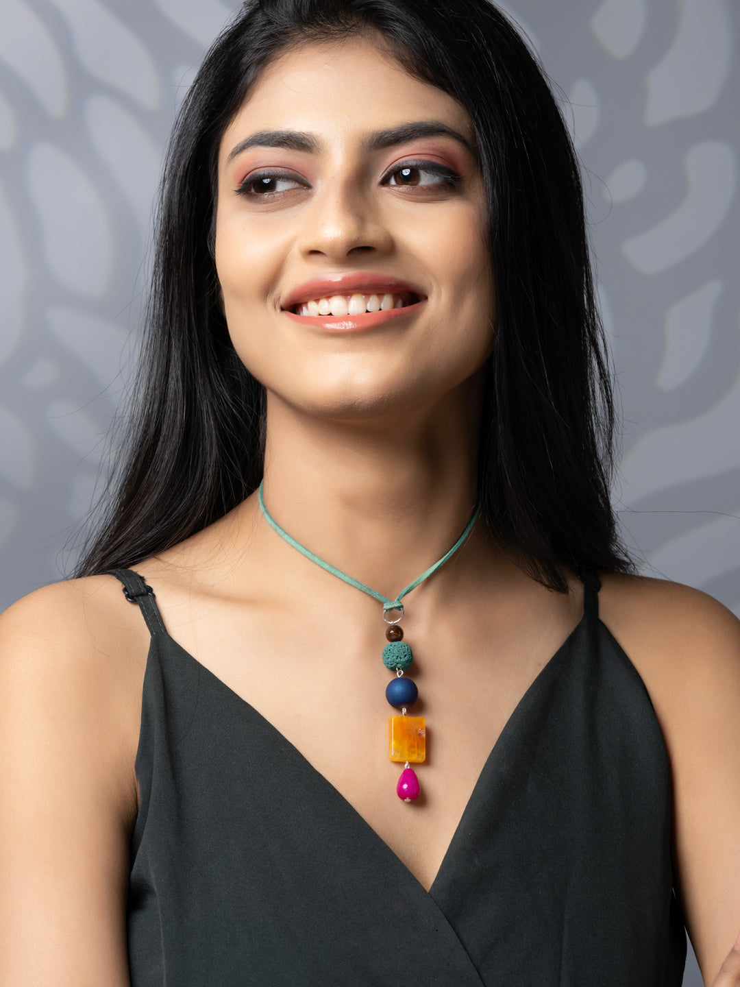 Semi Precious Blue Pink Orange Green Onyx Lava Druzy Agate Sleek necklace with adjustable Suede Cord LOOK AND ADORN - designed for you