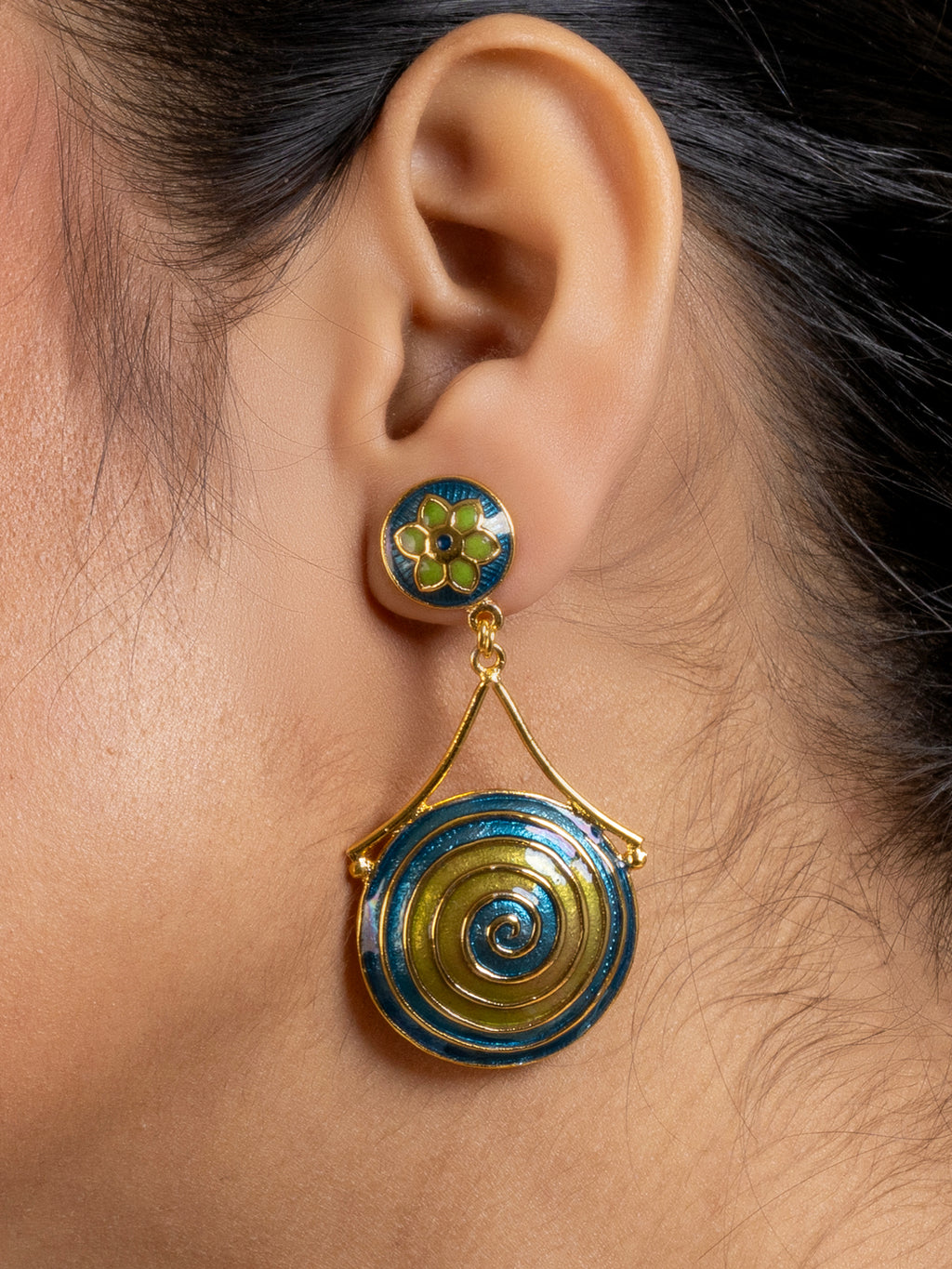 Green Turquoise Blue Golden Circular Floral Meenakari Stud Enamel Earring
