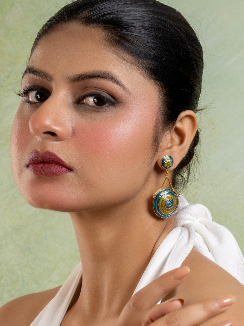 Green Turquoise Blue Golden Circular Floral Meenakari Stud Enamel Earring