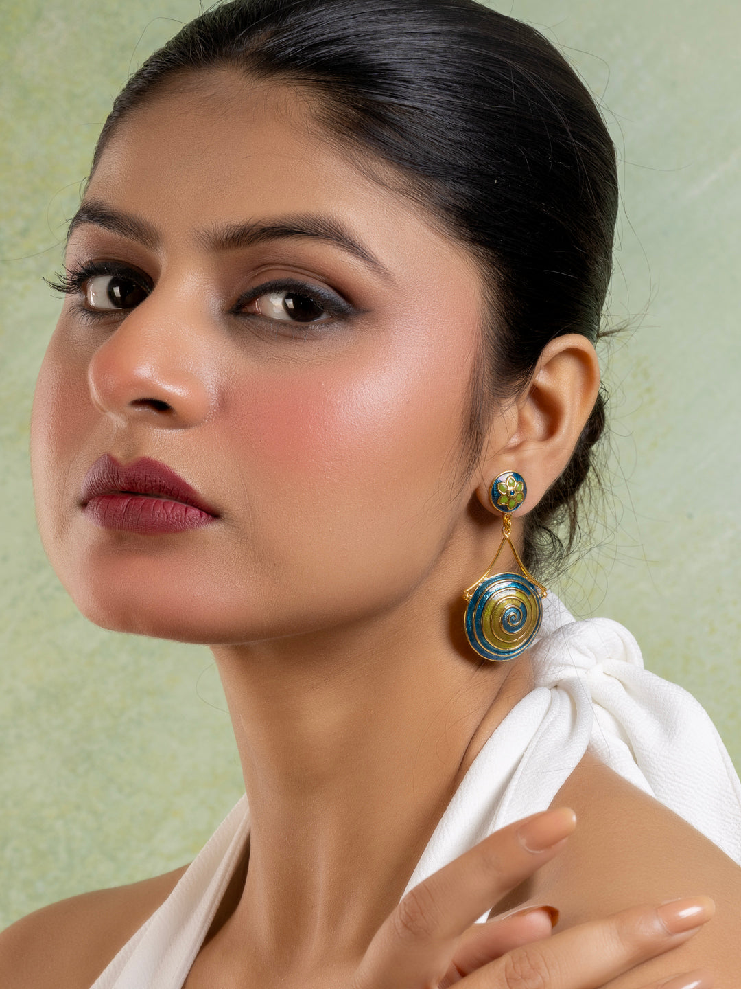 Green Turquoise Blue Golden Circular Floral Meenakari Stud Enamel Earring