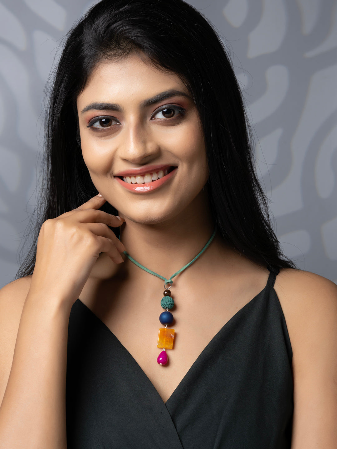 Semi Precious Blue Pink Orange Green Onyx Lava Druzy Agate Sleek necklace with adjustable Suede Cord LOOK AND ADORN - designed for you