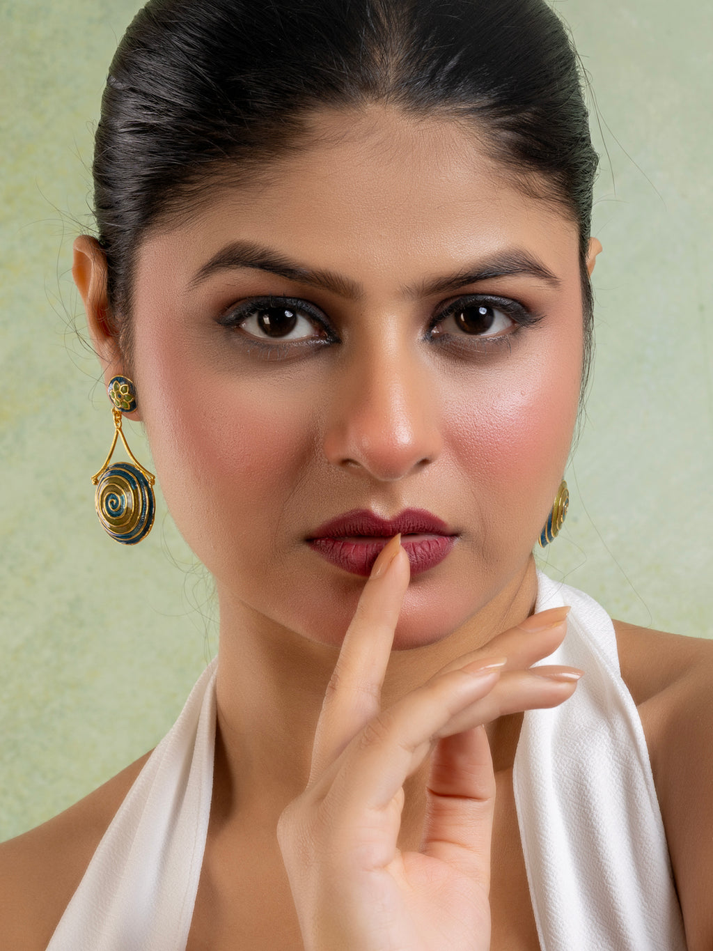 Green Turquoise Blue Golden Circular Floral Meenakari Stud Enamel Earring