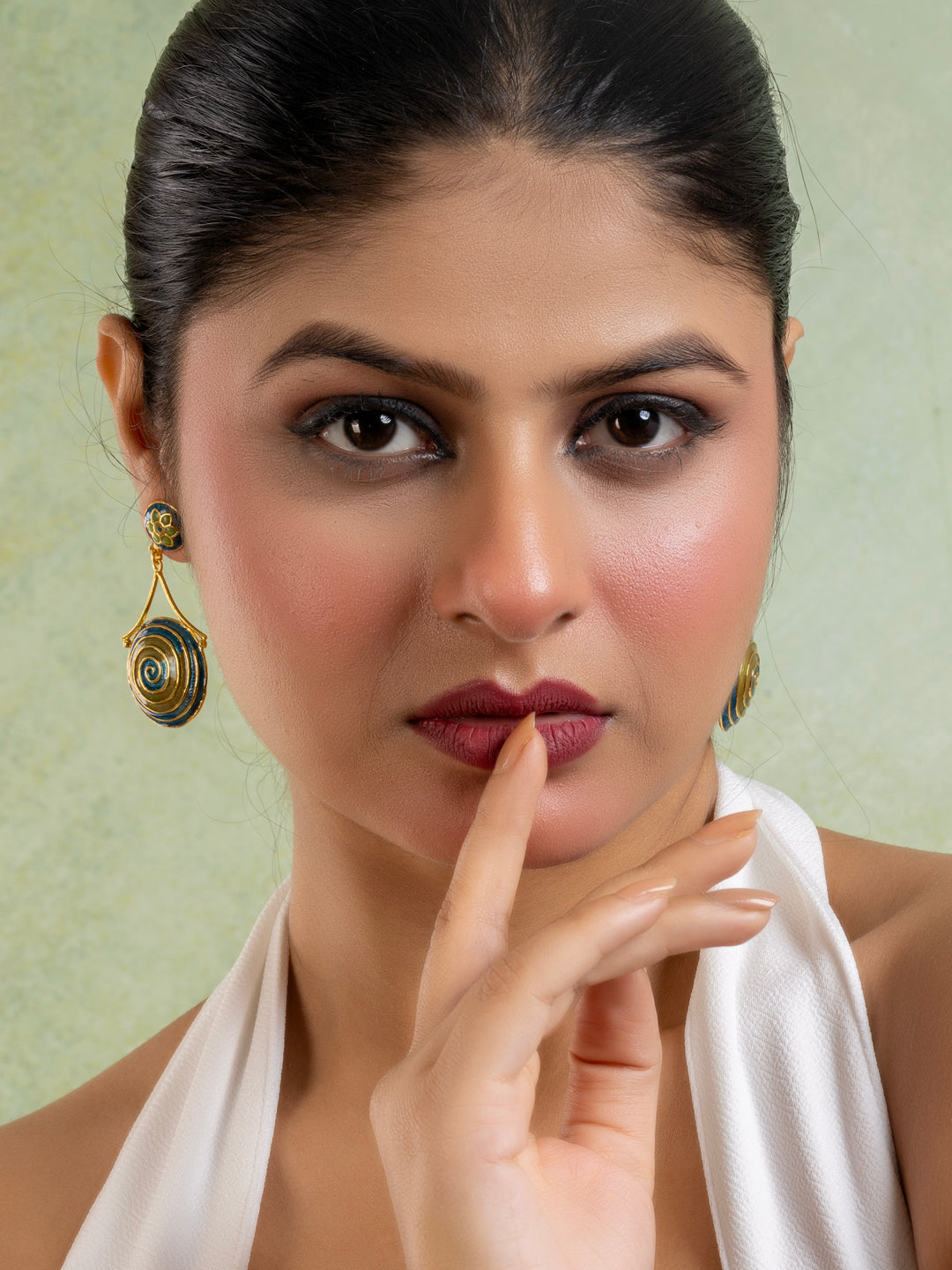 Green Turquoise Blue Golden Circular Floral Meenakari Stud Enamel Earring