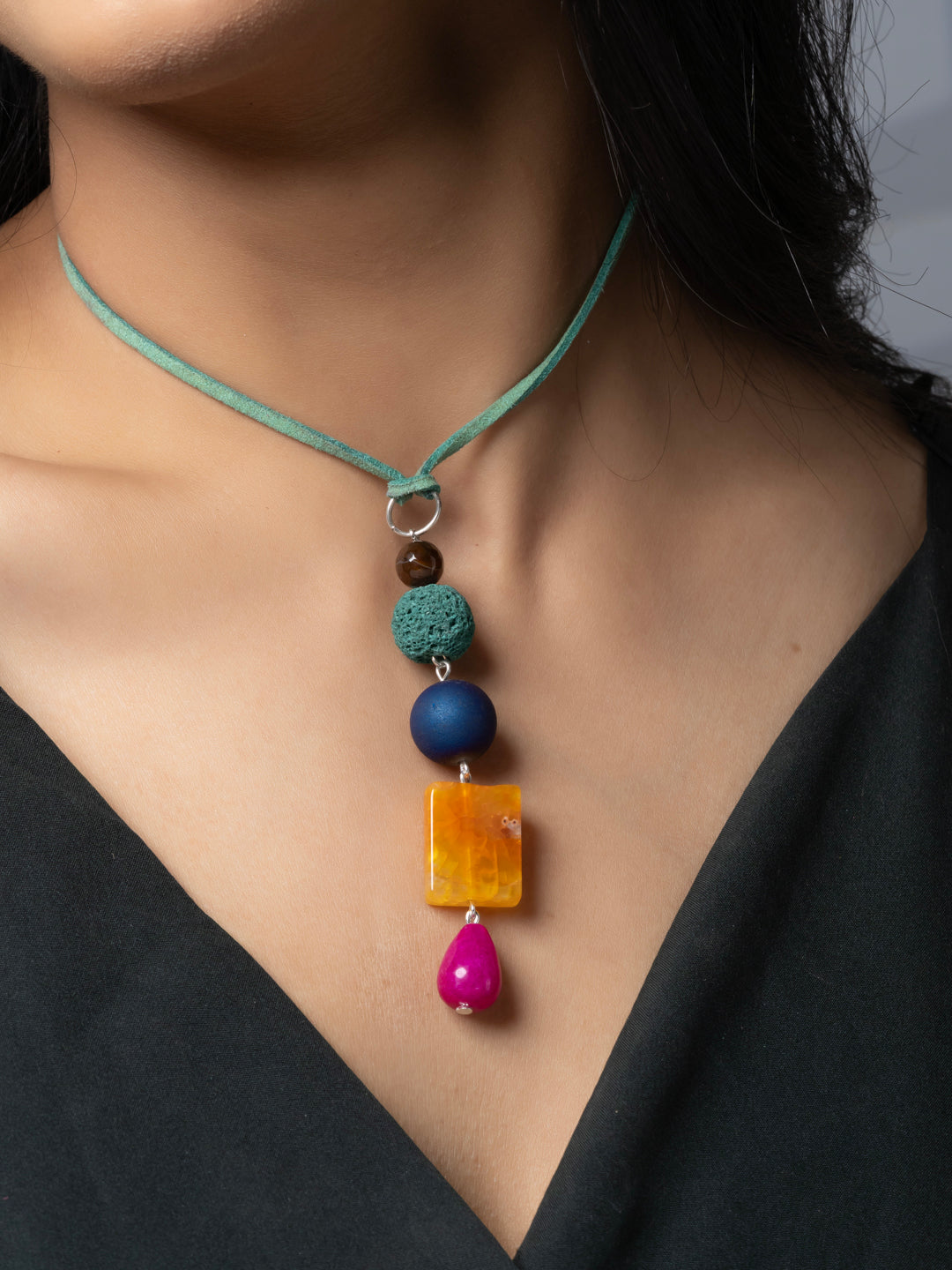 Semi Precious Blue Pink Orange Green Onyx Lava Druzy Agate Sleek necklace with adjustable Suede Cord LOOK AND ADORN - designed for you