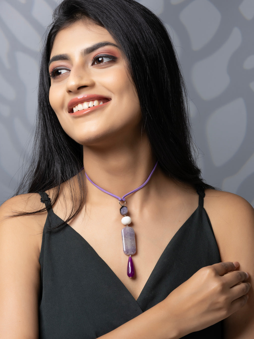 Semi Precious White Purple Onyx Agate Sleek necklace with adjustable Suede Cord LOOK AND ADORN - designed for you