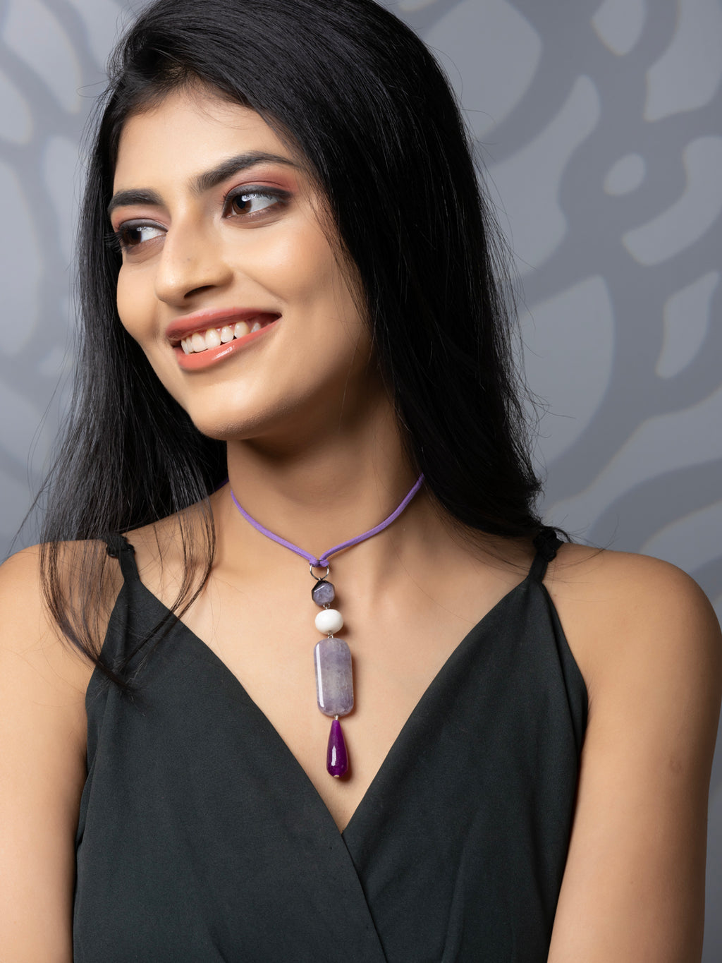 Semi Precious White Purple Onyx Agate Sleek necklace with adjustable Suede Cord LOOK AND ADORN - designed for you