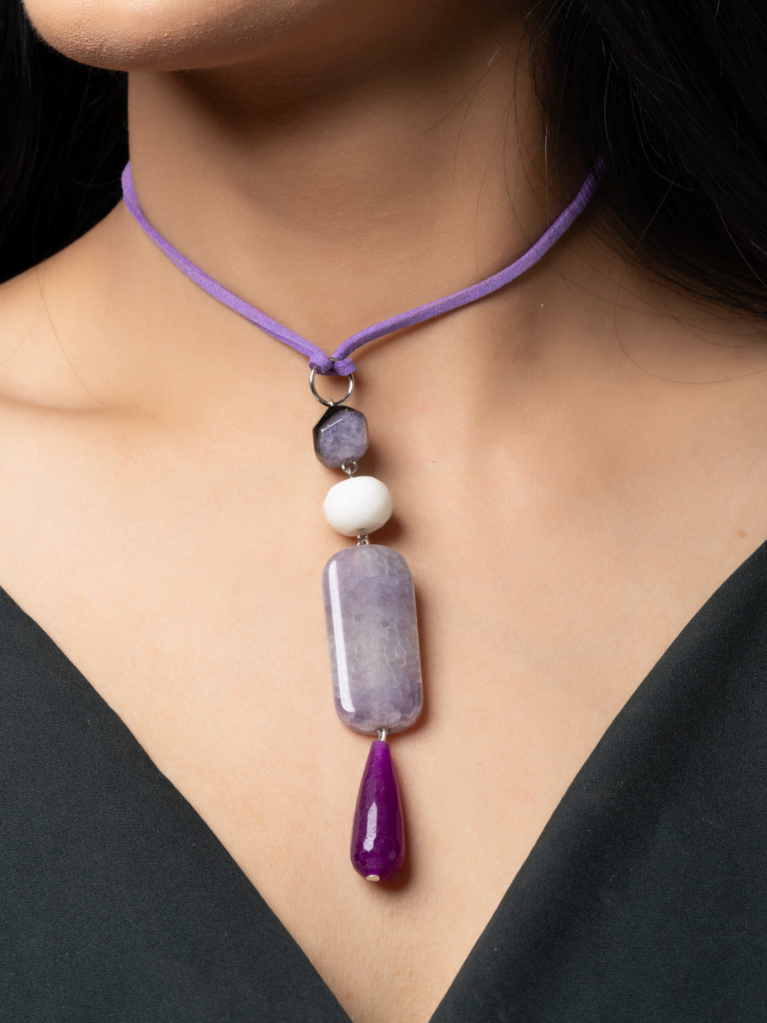 Semi Precious White Purple Onyx Agate Sleek necklace with adjustable Suede Cord LOOK AND ADORN - designed for you