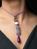 Semi Precious White Purple Onyx Agate Sleek necklace with adjustable Suede Cord LOOK AND ADORN - designed for you