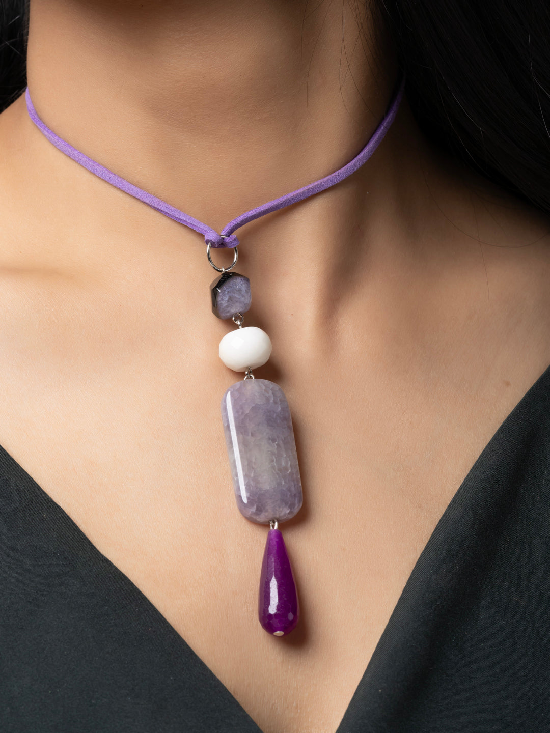 Semi Precious White Purple Onyx Agate Sleek necklace with adjustable Suede Cord LOOK AND ADORN - designed for you