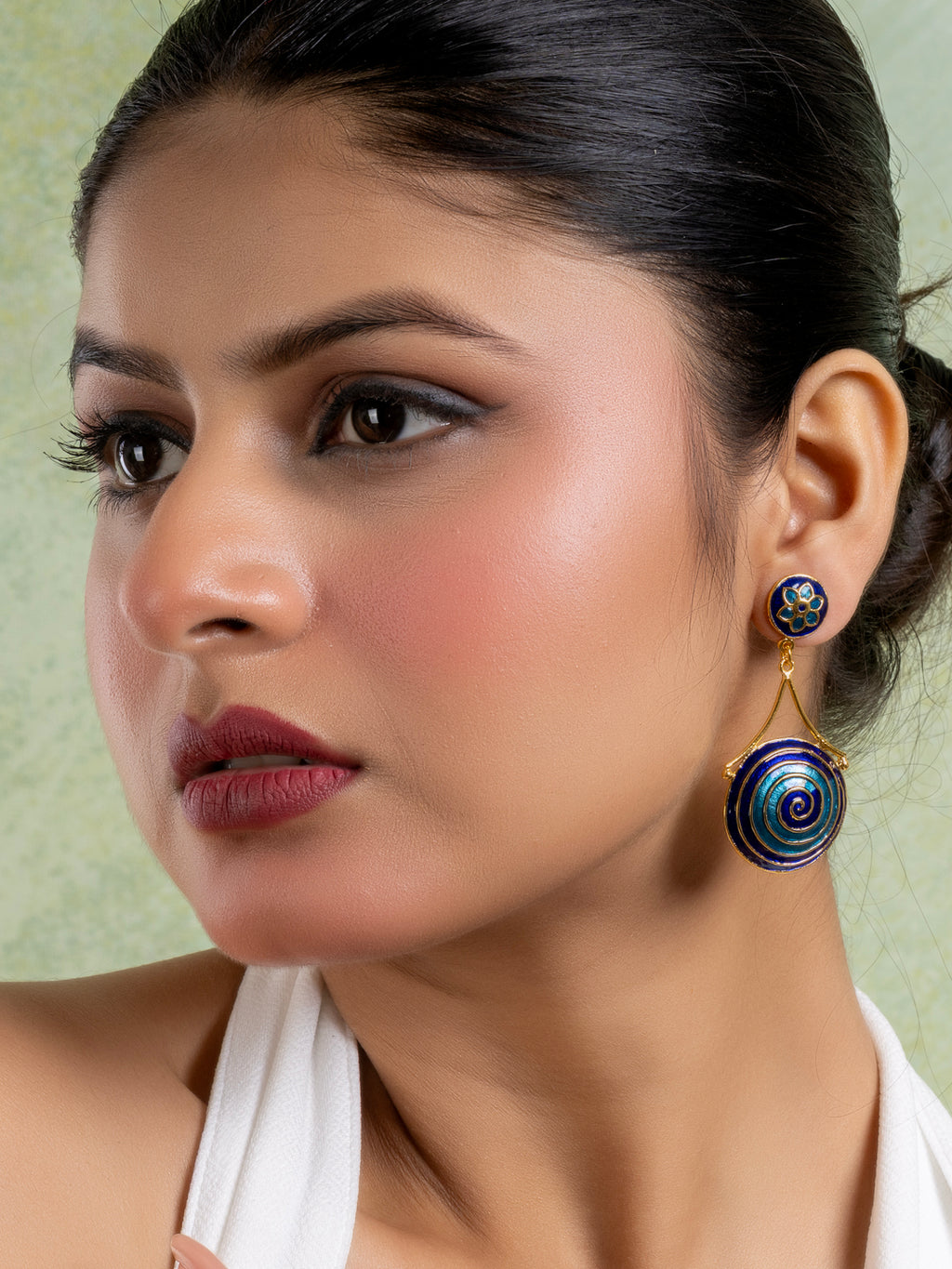 Golden Turquoise Blue Circular Floral Meenakari Stud Enamel Earring