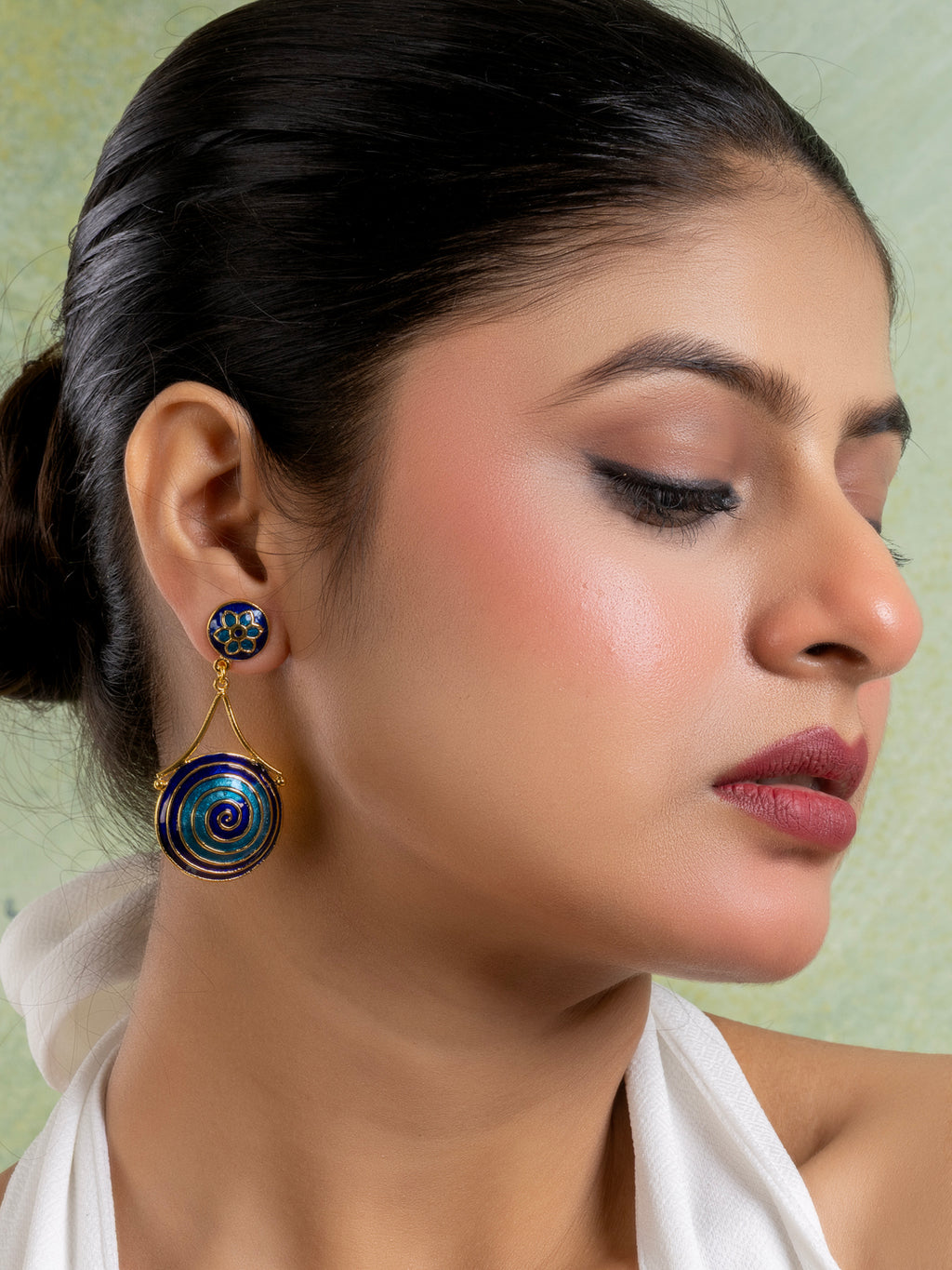 Golden Turquoise Blue Circular Floral Meenakari Stud Enamel Earring