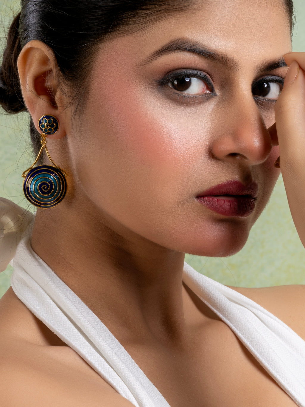 Golden Turquoise Blue Circular Floral Meenakari Stud Enamel Earring