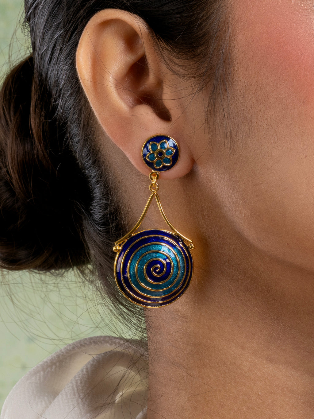 Golden Turquoise Blue Circular Floral Meenakari Stud Enamel Earring