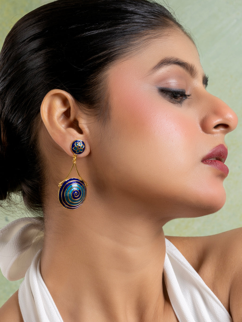 Golden Turquoise Blue Circular Floral Meenakari Stud Enamel Earring