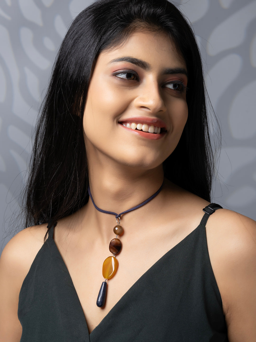 Semi Precious Brown Black Onyx Agate Sleek necklace with adjustable Suede Cord LOOK AND ADORN - designed for you