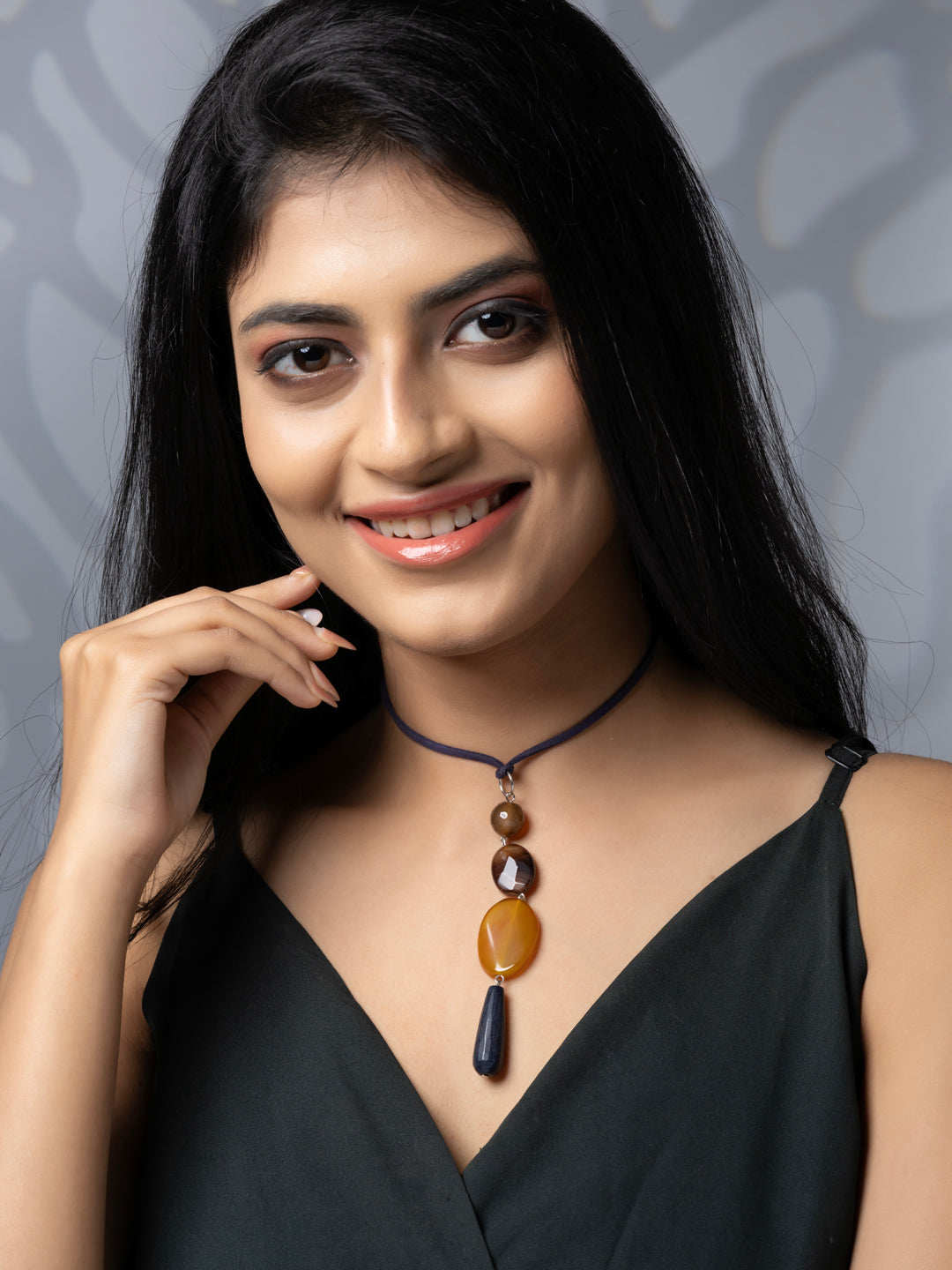 Semi Precious Brown Black Onyx Agate Sleek necklace with adjustable Suede Cord LOOK AND ADORN - designed for you