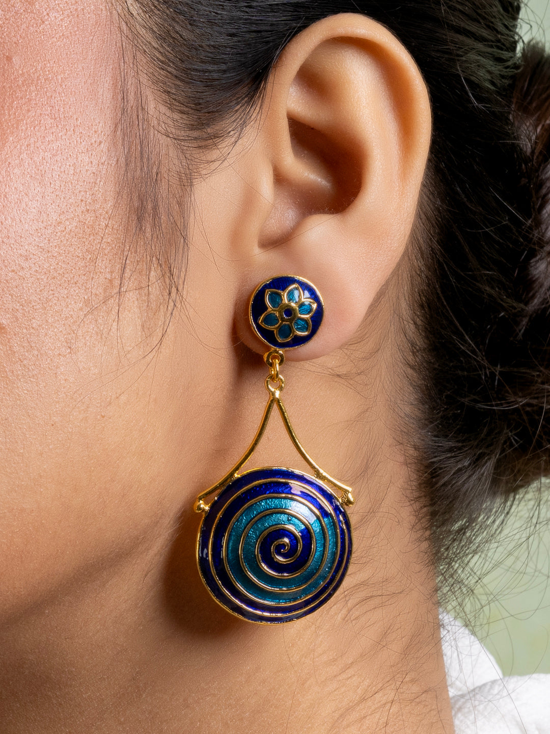 Golden Turquoise Blue Circular Floral Meenakari Stud Enamel Earring