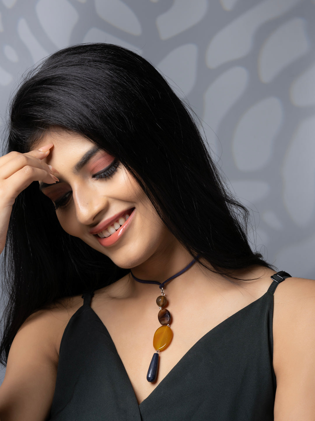 Semi Precious Brown Black Onyx Agate Sleek necklace with adjustable Suede Cord LOOK AND ADORN - designed for you