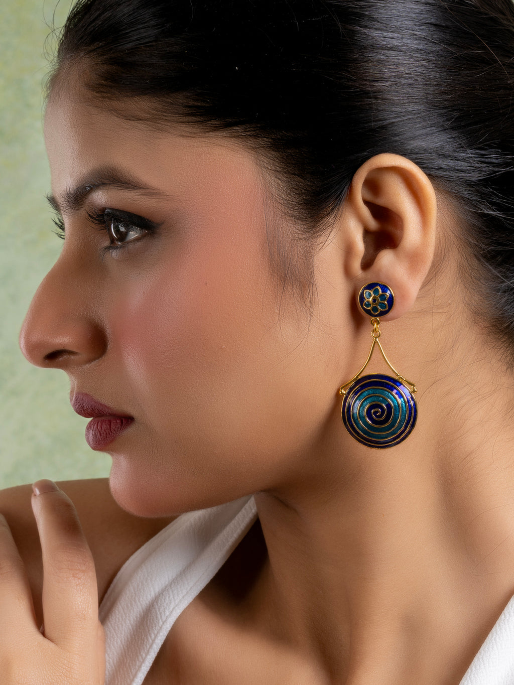 Golden Turquoise Blue Circular Floral Meenakari Stud Enamel Earring