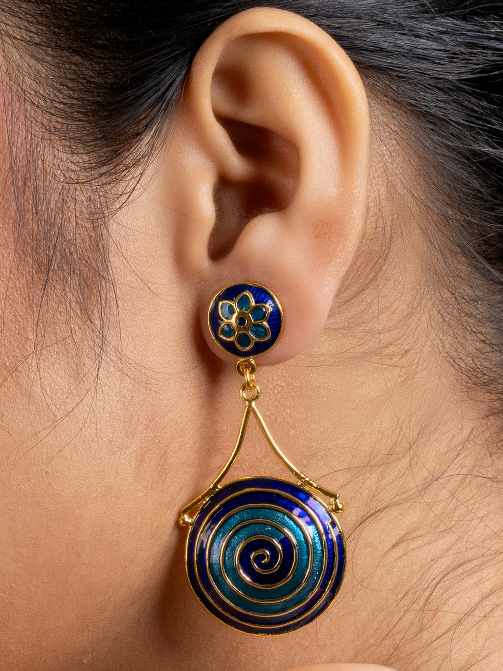 Golden Turquoise Blue Circular Floral Meenakari Stud Enamel Earring