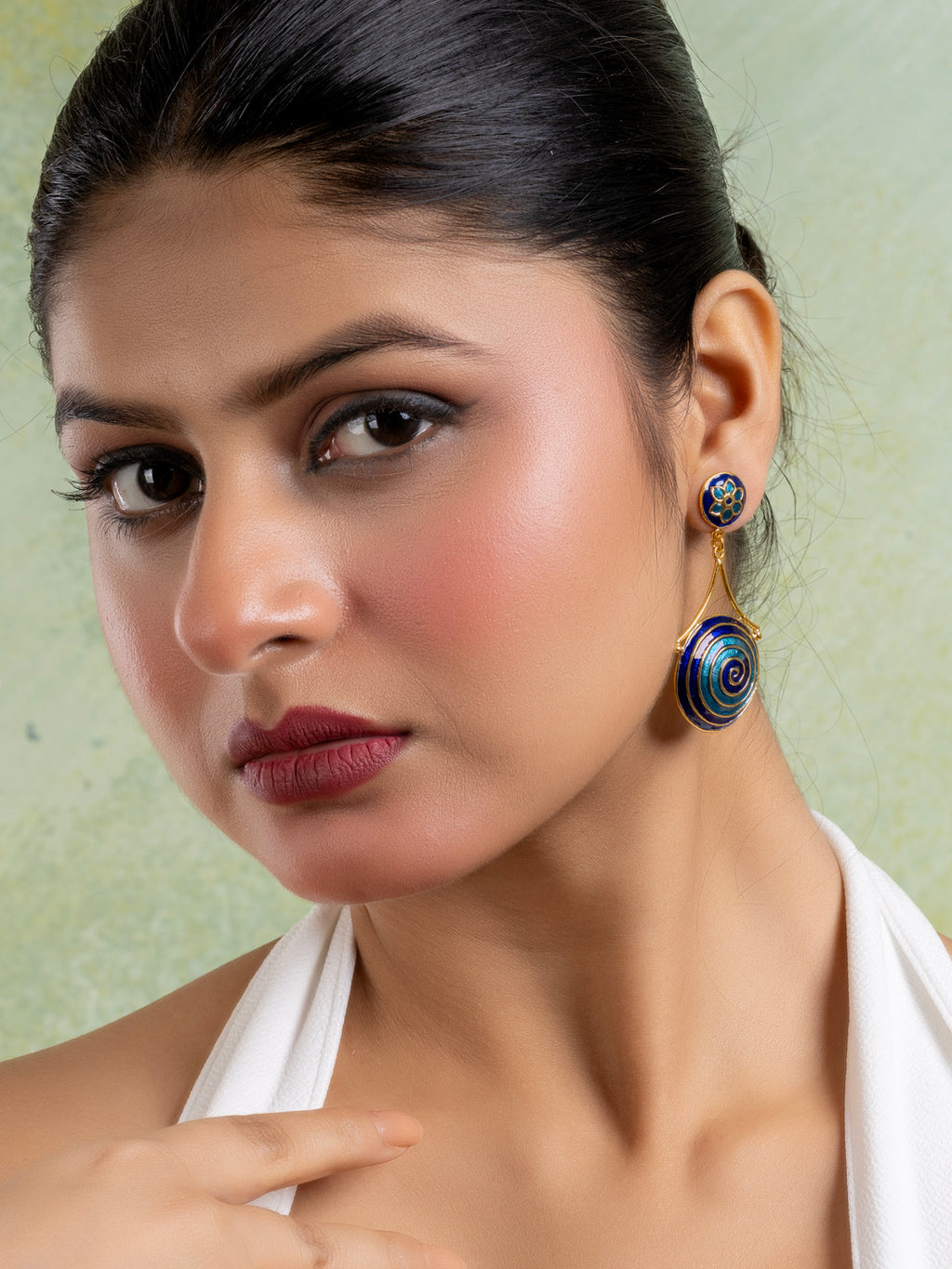 Golden Turquoise Blue Circular Floral Meenakari Stud Enamel Earring