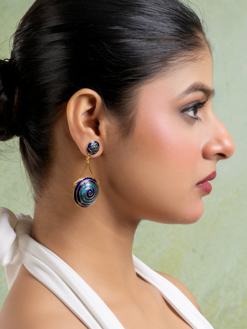 Golden Turquoise Blue Circular Floral Meenakari Stud Enamel Earring