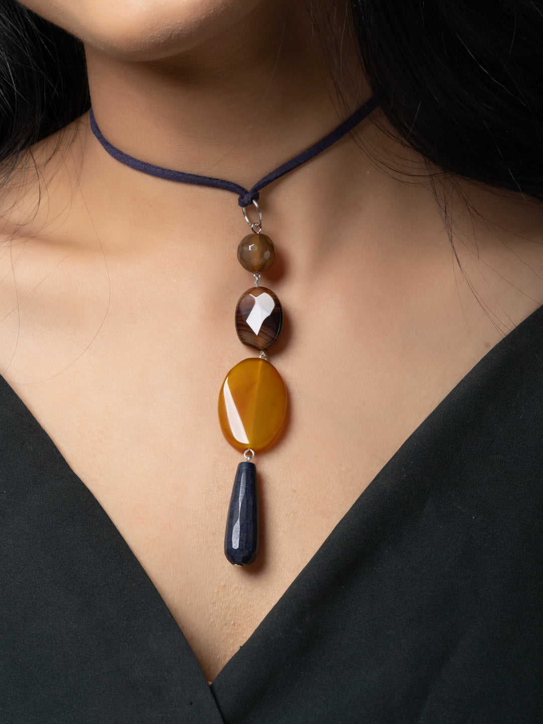 Semi Precious Brown Black Onyx Agate Sleek necklace with adjustable Suede Cord LOOK AND ADORN - designed for you