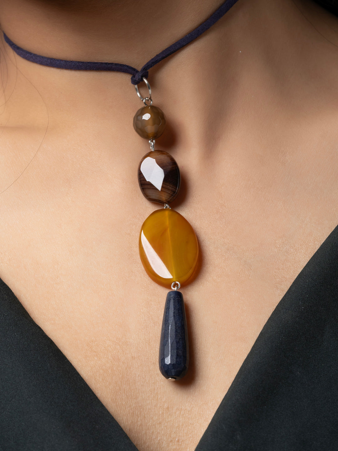 Semi Precious Brown Black Onyx Agate Sleek necklace with adjustable Suede Cord LOOK AND ADORN - designed for you