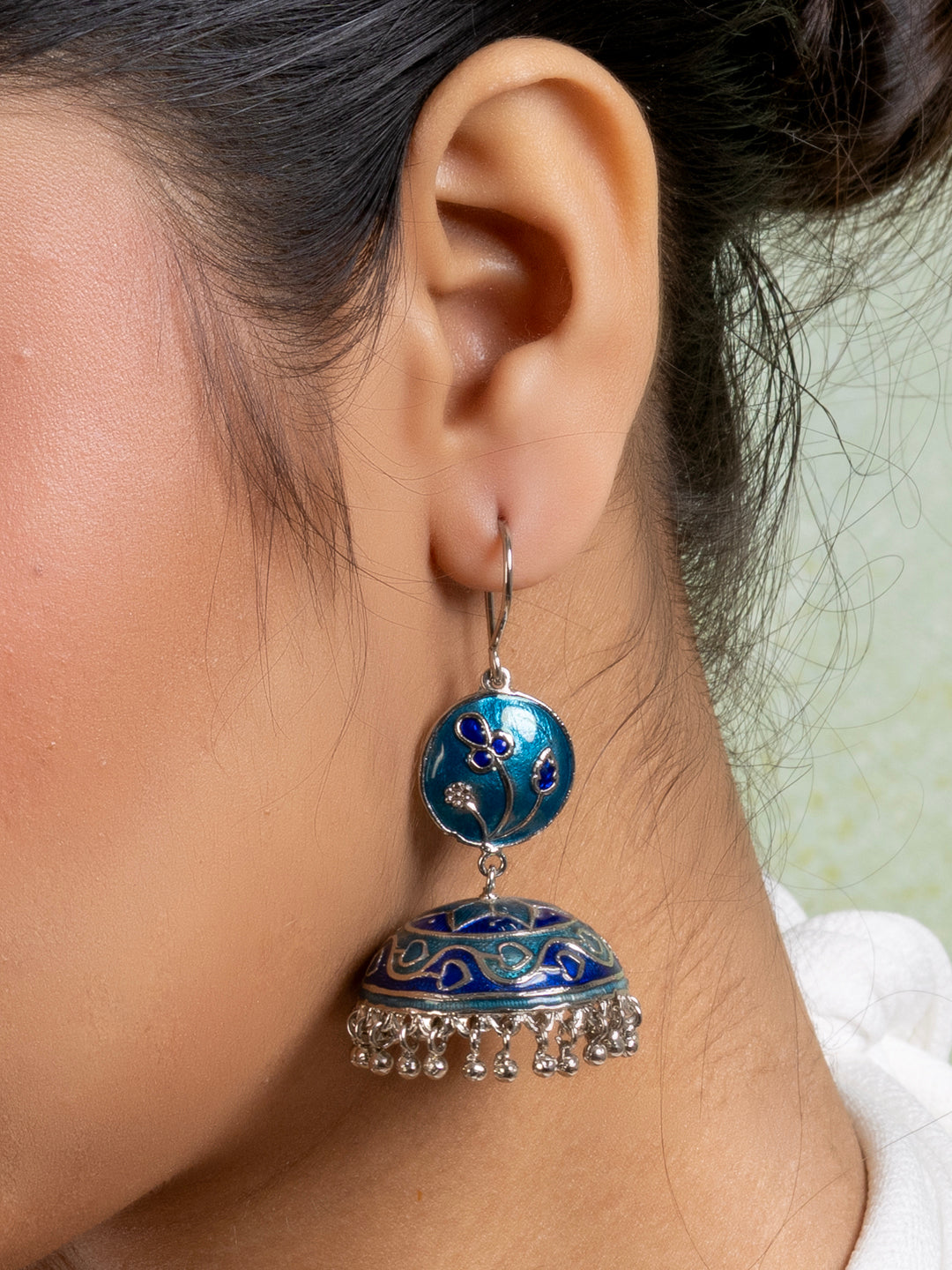 Turquoise Blue Floral Meenakari Enamel Jhumka Earring