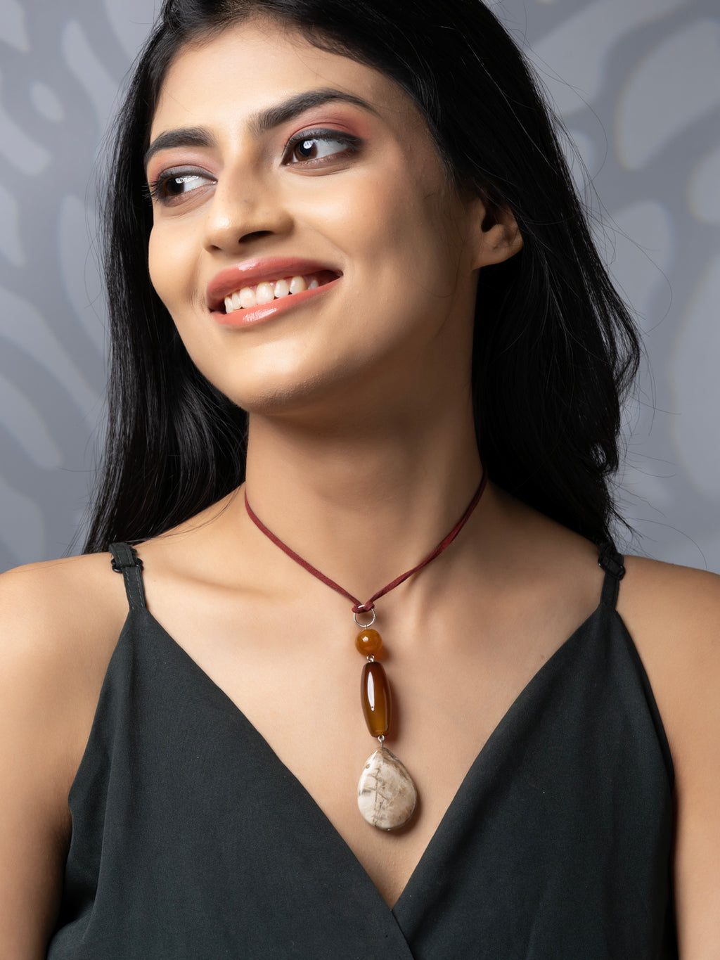 Semi Precious Brown Beige Onyx Agate Jasper Sleek necklace with adjustable Suede Cord LOOK AND ADORN - designed for you