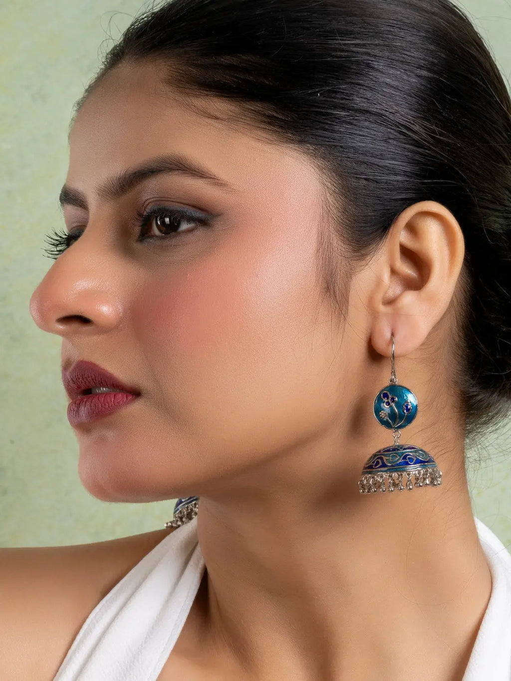 Turquoise Blue Floral Meenakari Enamel Jhumka Earring LOOK AND ADORN - designed for you