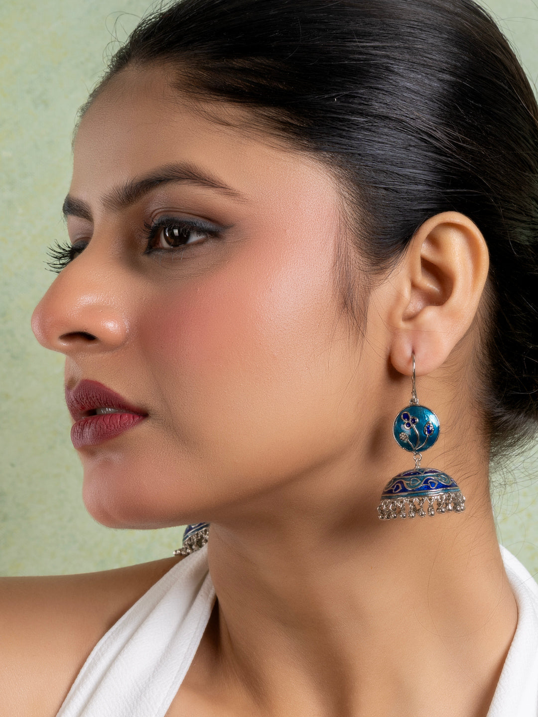 Turquoise Blue Floral Meenakari Enamel Jhumka Earring