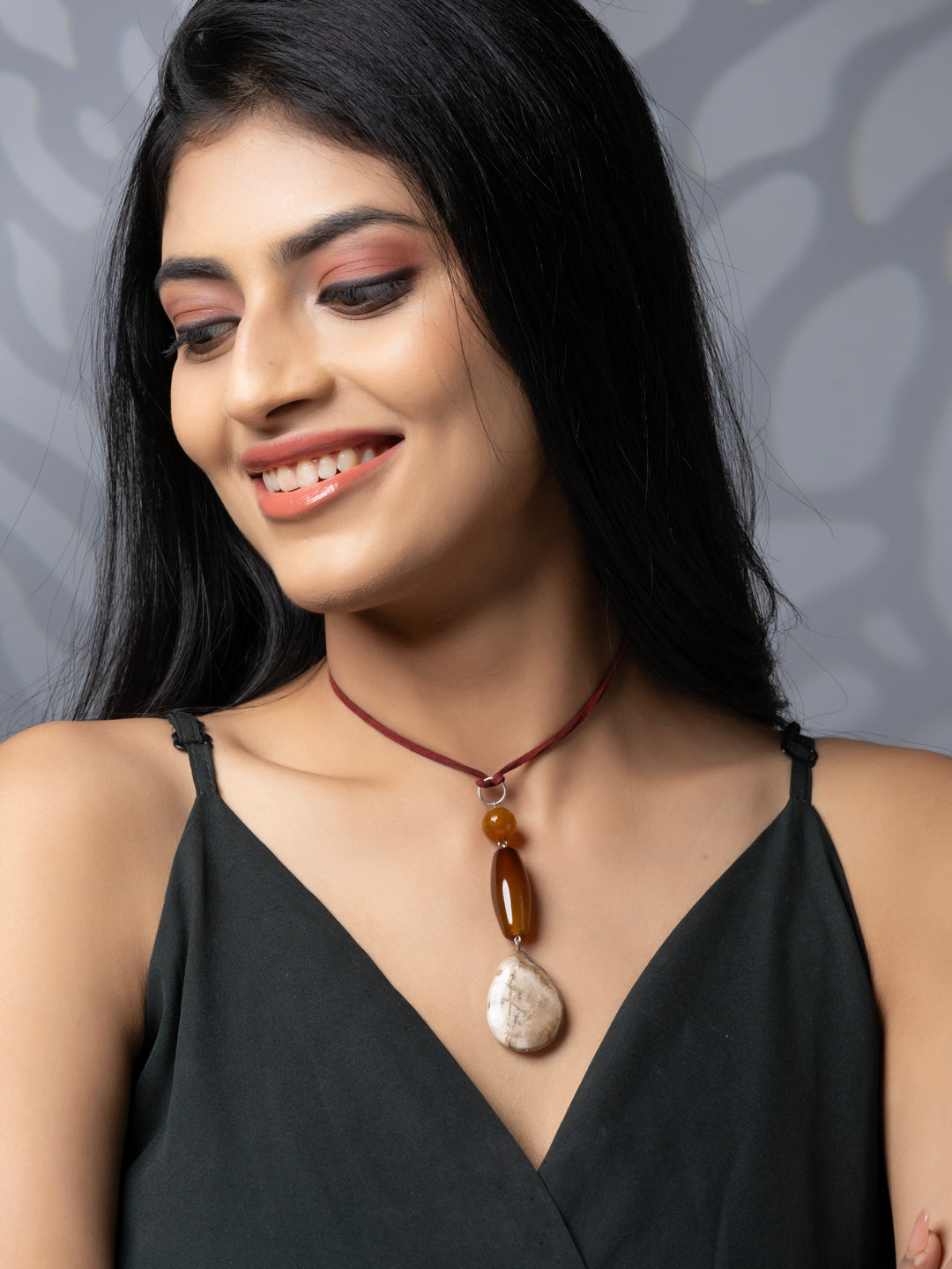 Semi Precious Brown Beige Onyx Agate Jasper Sleek necklace with adjustable Suede Cord LOOK AND ADORN - designed for you