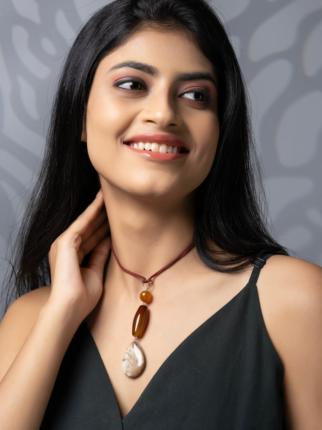 Semi Precious Brown Beige Onyx Agate Jasper Sleek necklace with adjustable Suede Cord LOOK AND ADORN - designed for you